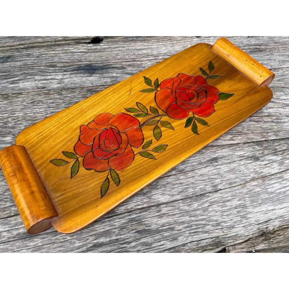 Vintage Wood Bread Serving Tray Carved Red Roses